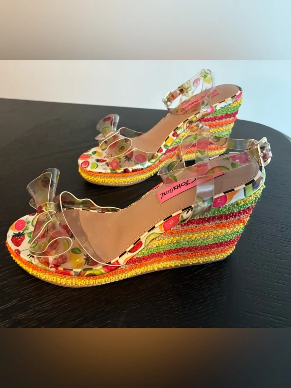 Betsey Johnson Multicolor Strawberry Print Clear Strap Wedge Sandals